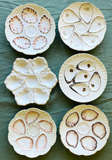 Lot of 6 Antique White Ceramic Round Solid Divided Oyster Serving Plates picture