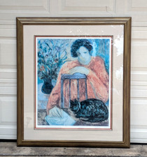 X-Large Barbara A. Wood Artist Proof Painting Lady With Cat 40.5x46.75