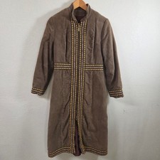 Vintage 70s Brown Brushed Cotton Maxi Coat Embroidered Trim Quilted Lining Boho picture