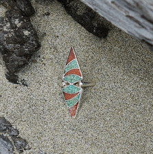 Southwestern Navajo Turquoise Coral Inlay Sterling 925 Vintage picture