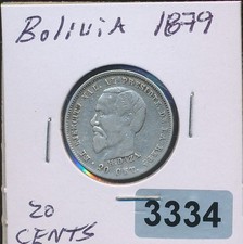 BOLIVIA - 1879  - SLVER -  20 CENTAVOS - #3334 - RARE MEDAL ISSUE picture