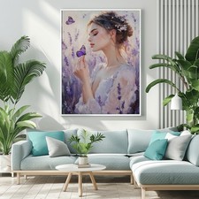Hand Painted Oil Painting Young Woman Lavender Purple Butterflies Romantic 36