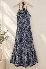 Zara Navy Blue White Geometric Print halter maxi dress tassel tie Pom hem picture
