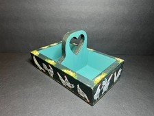 VTG 1984 Signed Wooden Farmhouse Chicken & Rooster Caddy w/ Heart Shaped Handle picture