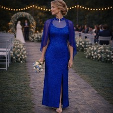 Vintage Cobalt Blue Embroidered Sequin Evening Gown w/ Sheer Cape Overlay Size L picture