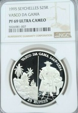 1995 SEYCHELLES SILVER 25 RUPEES VASCO DA GAMA NGC PF 69 ULTRA CAMEO TOP POP picture