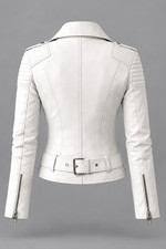 Women’s Genuine Leather Biker Jacket White Motorcycle Moto Riding Belted picture
