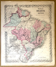 1855 BRAZIL and GUYANA antique engraved 14.5 x 17.5 color map SOUTH AMERICA picture