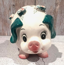 Vintage Norcrest Porcelain Anthropomorphic Piggy Bank w/ Applied Pastel Flowers picture