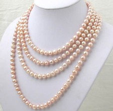 Beautiful 7-8MM Natural Pink Akoya Cultured Pearl Long Necklace 100 Inches picture