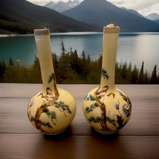 2 Vintage Japanese single stem vases with Hand painted Cranes 11.25 tall picture
