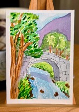 ACEO Art Card Original, River, Stone Bridge, Village,  Watercolor, 2.5x3.5in picture