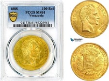AM616, Venezuela, 100 Bolivares 1888, Caracas Mint, Gold, PCGS MS61 picture