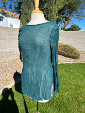 Eileen Fisher Crinkled Sheer Silk Bateau Neck Tunic Top L Aegean Green $248 NWT picture
