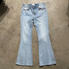 Driftwood Farrah Embroidered Flare Jeans Womens 32x34 Floral Blue Denim Boho picture