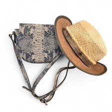 Henri Bendel Snakeskin Print Crossbody Bag and Straw Hat Set Beige Black picture