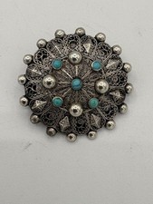 Vintage 1930s-40s Italian 800 Silver Filigree Turquoise Brooch Pin 1.5” picture