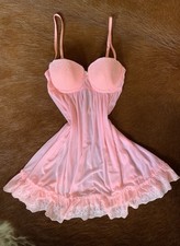 Vintage Y2K Pink Mesh Babydoll Slip Dress Coquette Lace Lingerie XS picture