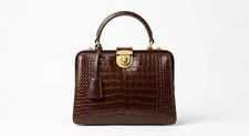 Handmade Croc Embossed Leather Top Handle Bag Structured Satchel Brown Vintage picture