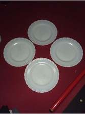 Lot of 4 Vtg Mid-century Milk Glass Scalloped Gold Edge Plates Translucent picture