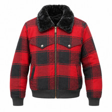 Wrangler Retro Red Black Buffalo Plaid Faux Fur Bomber Jacket M picture
