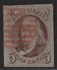 Us 1847 Ben Franklin First Stamp Scott #1 Used With Red Cancel & Clear 4 Margins picture