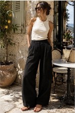 Quince Women’s Size 10 100% European Linen Pleated Trouser Black Coastal Granola picture