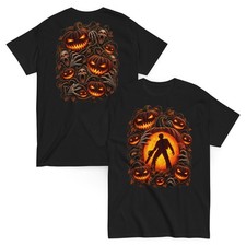 HALLOWEEN EVIL DEAD T-SHIRT Fiery Jack-o-Lantern Horror Silhouette 2-Sided Tee picture