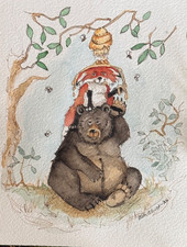 OOAK Origional watercolor Bear & Fox & Bee Hive signed by artist Edith Schmidt picture