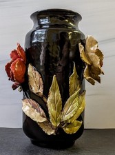 Vintage Italian Majolica Ceramic Vase High Relief Applied Roses Black Glaze 9