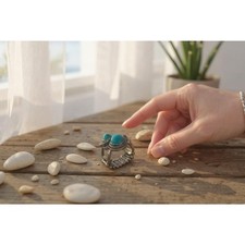 Vintage Turquoise Two Stone Ring, Southwestern Silver Tone, Floral Band (1.5