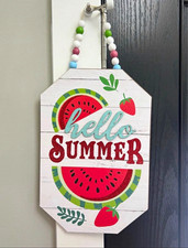 Hello Summer Fruit Wood Hanging Sign w/ Beaded Hanger, Octagonal Small picture