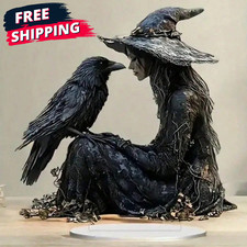 Halloween Witch Crow 2D Acrylic Desktop Decor Table Figurine Ornament Sign picture