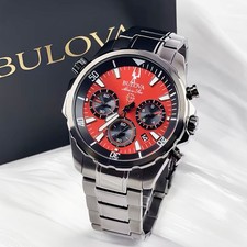 Bulova Marine Star 98B350 Men's Chronograph Quartz Watch Red Dial Stainless 43mm picture