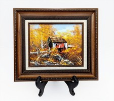 Vintage Original Covered Bridge Landscape Painting Framed Autumn Rural Fall SM picture
