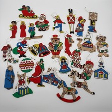 Hand Painted Wood Christmas Ornaments Lot 26pc Vintage Folk Art Double Sided picture