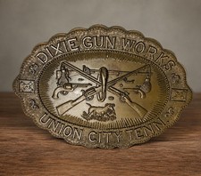 Dixie Gun Works VTG Brass Belt Buckle.  Union City, Tenn.  4” Wide.  Hunting picture