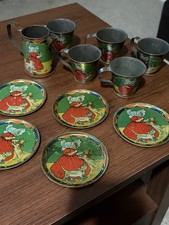 Antique Victorian AMSCO Tin Litho Child Tea Set Sunbonnet Girl Cats Dogs 11 Pc picture
