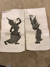 Pair Vintage Thai Temple Rubbings - Charcoal on Rice Paper - Temple Dancers picture