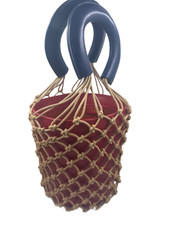 STAUD Moreau Red Leather Macrame Net Bucket Bag Blue Handles picture