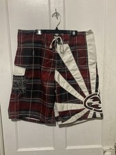 Vtg Billabong Andy Irons Rising Sun Plaid Board Shorts Mens 36 Red Black Y2K  picture