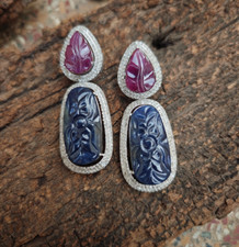 18 CTW Ruby 52 CTW Blue Sapphire & Diamond Gemstone Earring Gift For Mom Sister picture