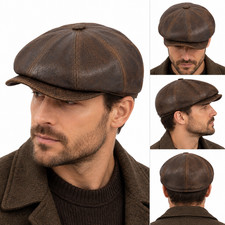 Men’s Vintage Newsboy Leather Flat Cap Driving Hat Gatsby 8 panel picture