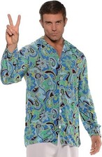 Underwraps Men’s 70s Disco Shirt Blue Green Paisley Groovy Hippie Costume XL picture