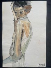 EGON SCHIELE PAITING ON OLD PAPER SIGNED  STAMPED-HANDMADE picture