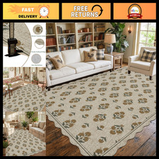 Vintage Yellow Floral Jute Area Rug 5x6.9 Scalloped Easy Care Home Decor picture