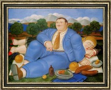Hand Painted Oil Painting Couple Resting Picnic Fernando Botero Style Figurative picture