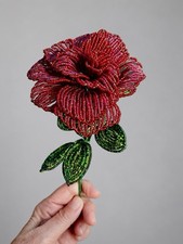 Vintage French Beaded Flower Ruby Red Burgundy Large Exotic Rose picture