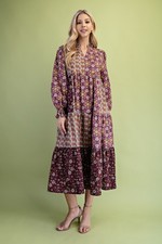 Gigio by Umgee Purple Mix Patchwork Print Long Sleeve Tiered Midi Dress sz Small picture