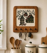 VTG Wooden Peg Wall Plaque w Tile Folk Art Farmhouse Cottage 5-Hook Birdhouse picture